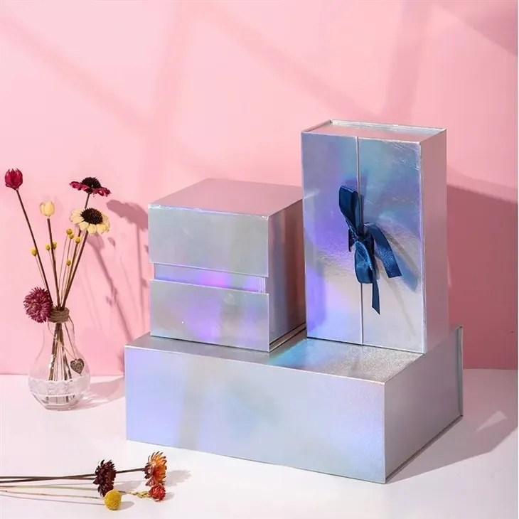 Boîtes pliables argentées au laser avec ruban