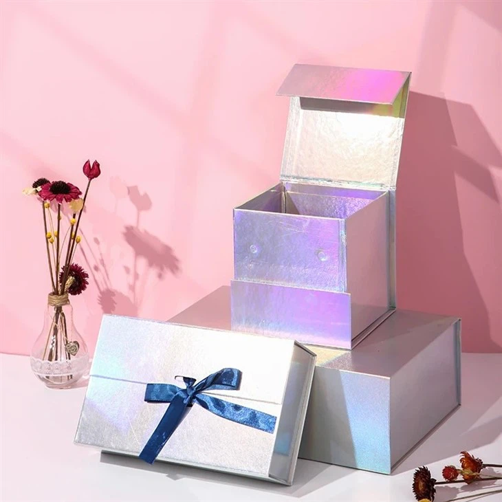 Silver Laser Foldable Boxes With Ribbon